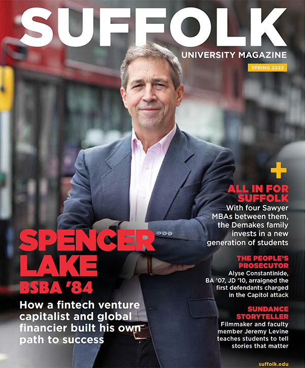 Suffolk University Magazine Spring 2022 cover showing Spencer Lake