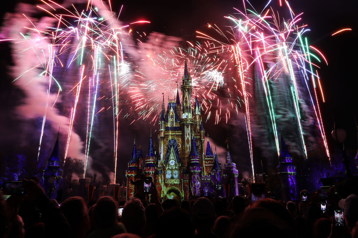 Fireworks exploding on the sides of a caste at Walk Disney World.
