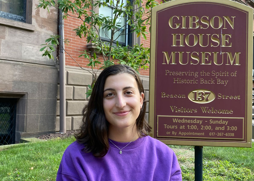 Tessa in front of the Gibson House Museum's sign