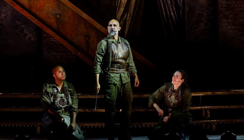 Nael Nacer in the center performing in Macbeth with two other actors