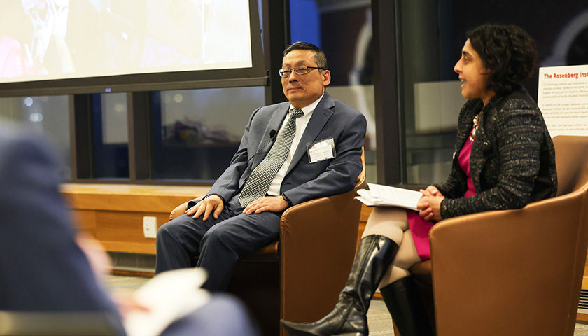 Judge Myong Joun, JD '99, with Professor Ragini Shah at the Dow Lecture series