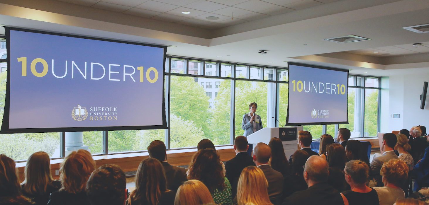 President Marisa Kelly speaks at a Suffolk 10 Under 10 Event