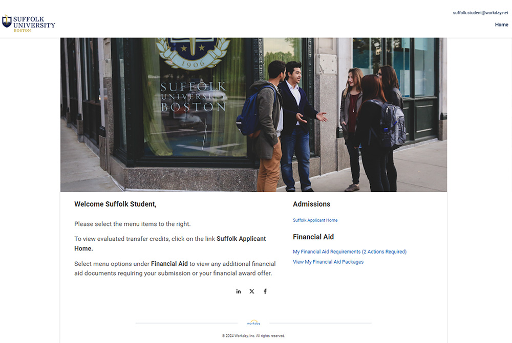 A screenshot from within Workday Student showing the Financial Aid section navigation