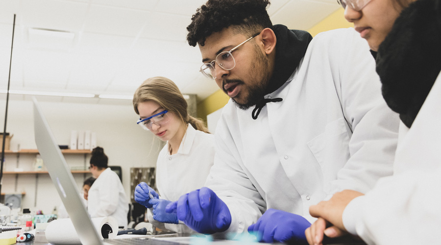 A Suffolk student checks the results of his CRISPR test in a science lab.