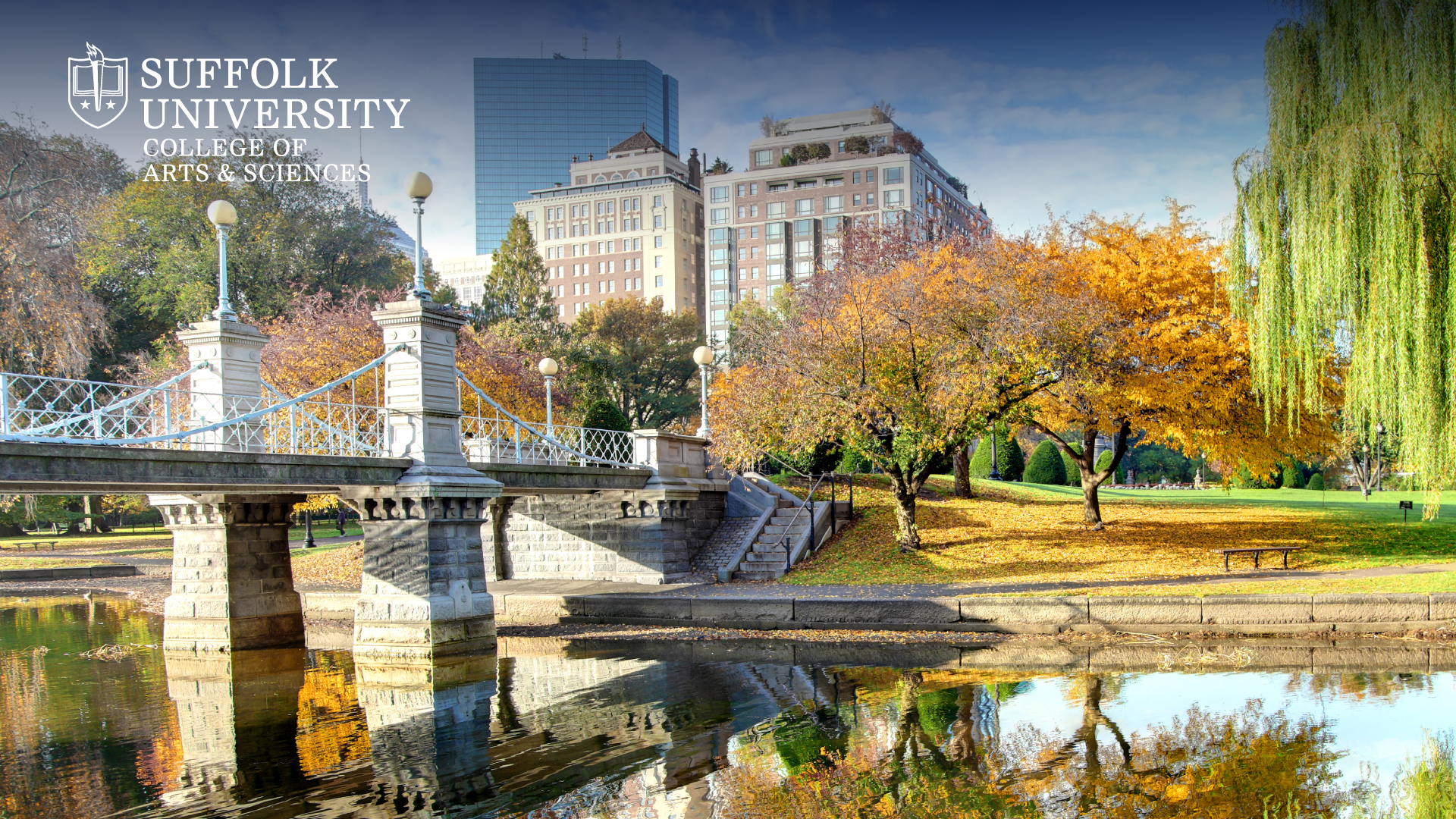Boston Public Garden displaying fall foliage with Back Bay in the background with the CAS logo in the top corner
