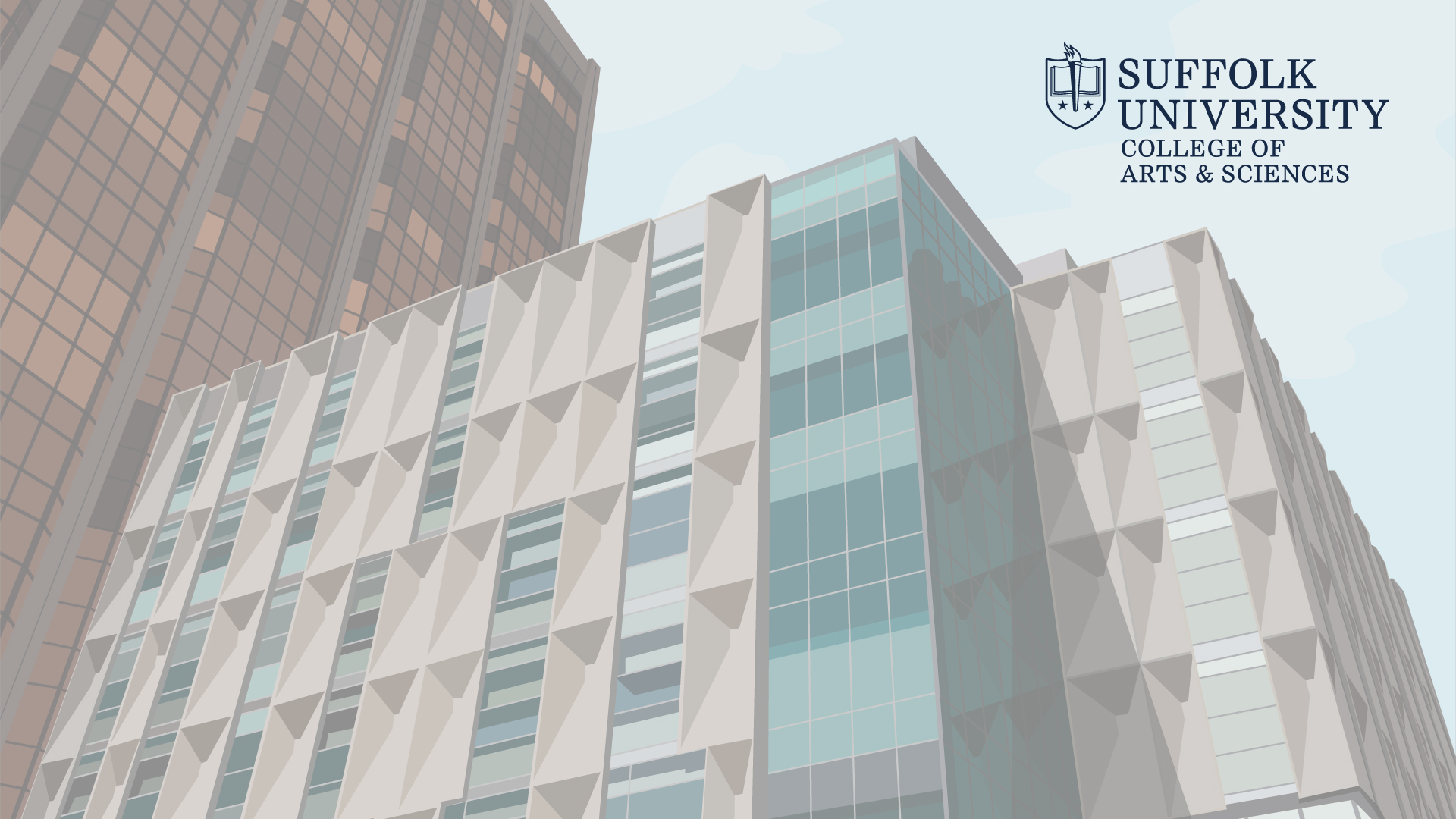 Light colored illustration of the Samia Academic Center at Suffolk University with the CAS logo in the top corner