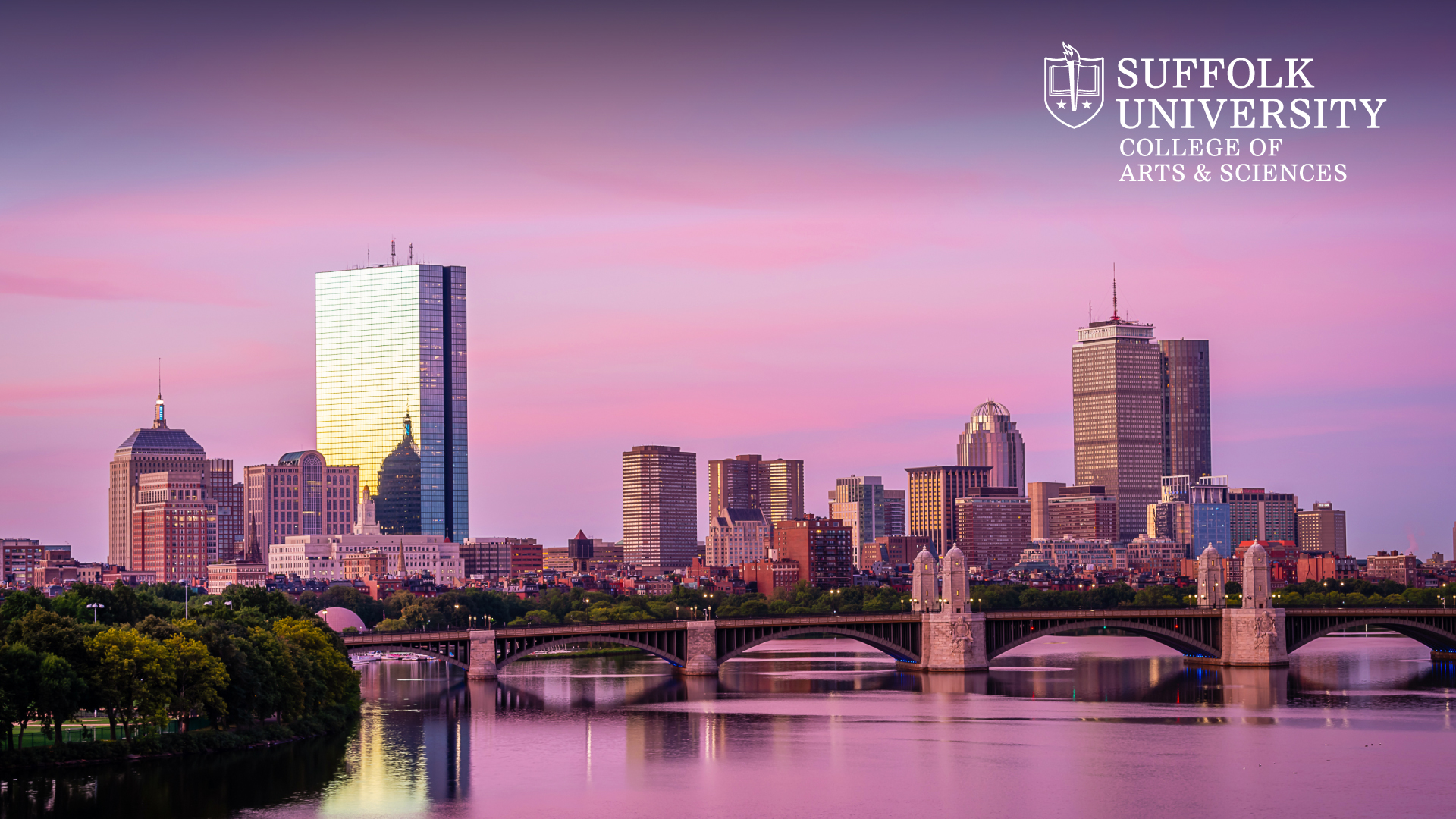 View of Boston's Back Bay and the Charles River with pink and purple hues in the sky with the CAS logo in the top corner