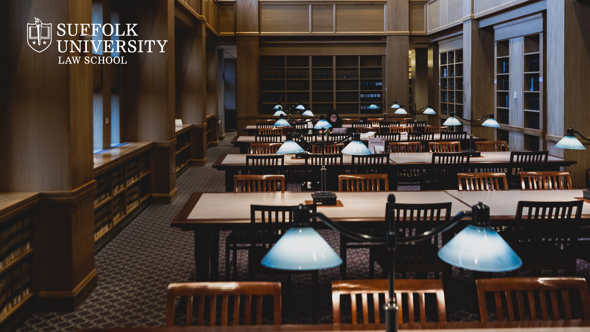 Suffolk Law School's library with the Suffolk Law logo in the top corner
