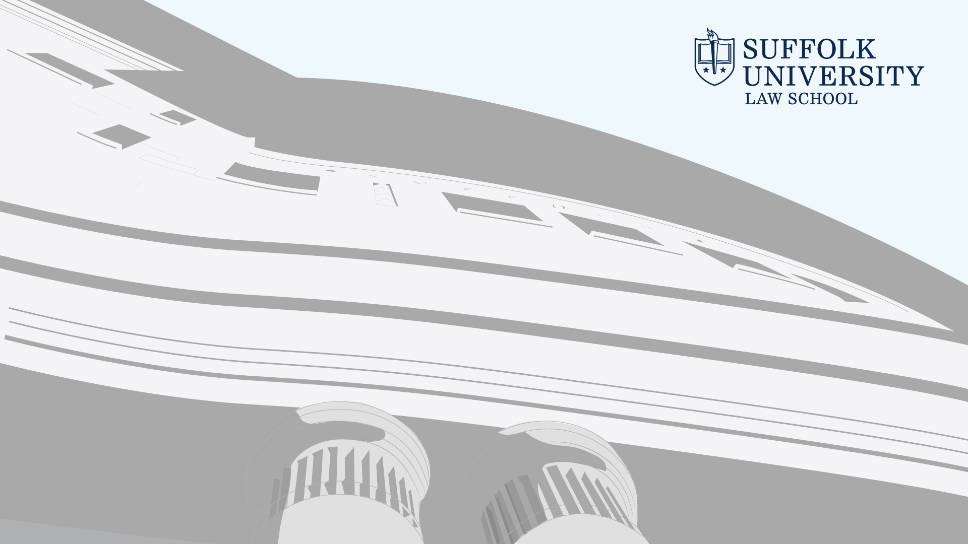 Light colored illustration of Sargent Hall with the Suffolk Law logo in the top corner