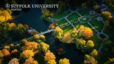 Aerial view of Boston Public Garden in the fall with the Suffolk University logo in the top corner