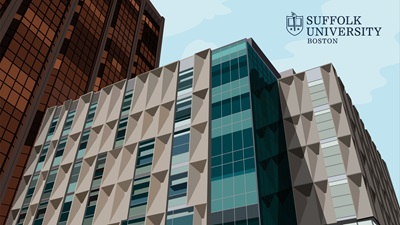 Illustration of the Samia Academic Center with the Suffolk University logo in the top corner