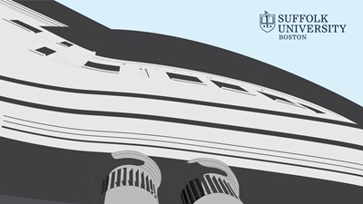 Illustration of Sargent Hall with the Suffolk University logo in the top corner