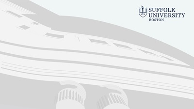 Light colored illustration of Sargent Hall with the Suffolk University logo in the top corner