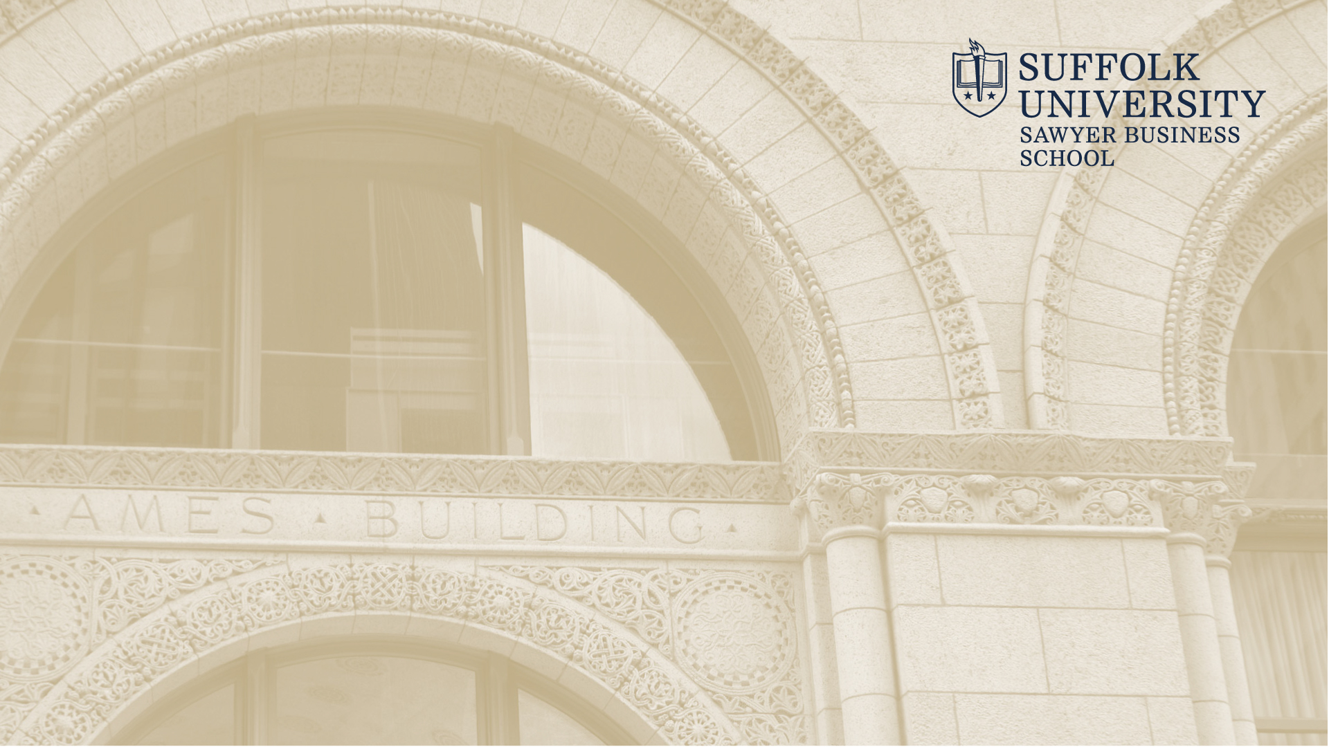 Light color image of the architectural detail of One Court Street with Suffolk's Sawyer Business School logo in the top corner
