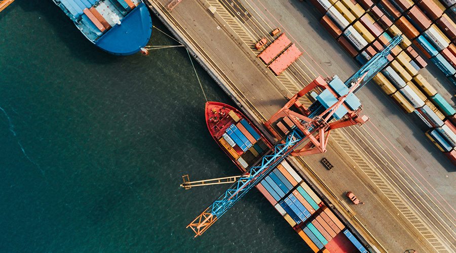 Overhead view of a cargo ship loaded with freight containers