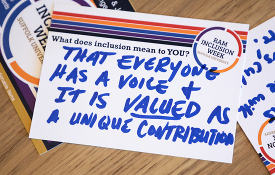 A photo of a card written on by Suffolk students at a Ram Inclusion Week event.