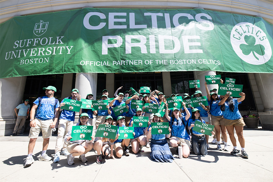 Suffolk students gathering for a group shot after the Celtics Championship parade.