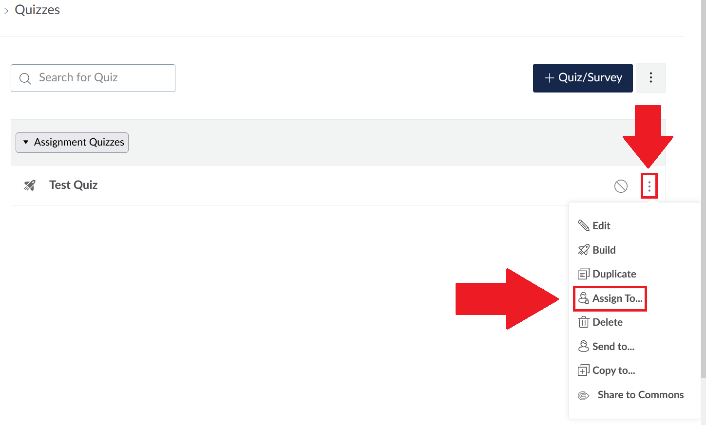 Screenshot of an online quiz management interface showing options for a quiz labeled "Quiz EG" under "Assignment Quizzes." Two large red arrows highlight a trash icon for deleting and a dropdown menu with options including Edit, Build, SpeedGrader, Duplicate, Assign, and more.
