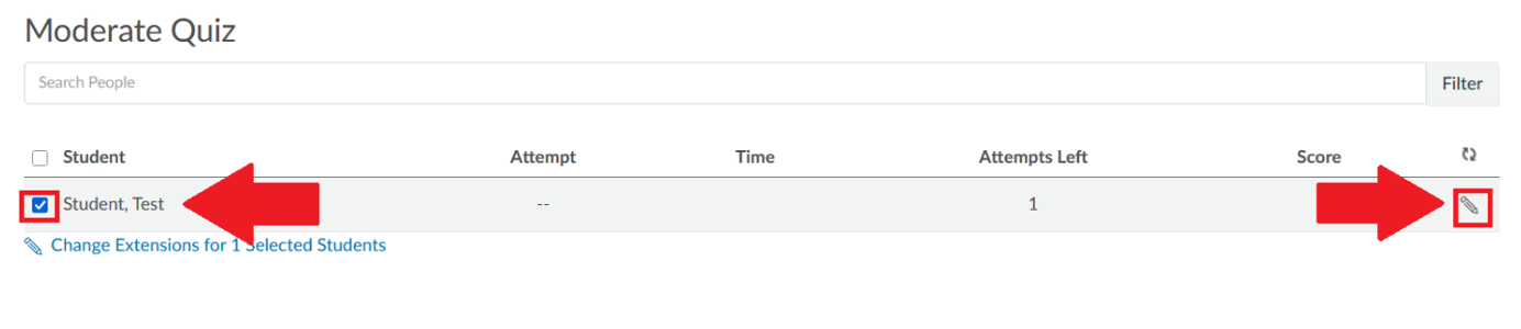 a quiz moderation interface showing a single student named "Student, Test" with one attempt left and no score recorded. Key elements include checkboxes for selecting the student and an arrow icon for expanding details, with columns labeled Student, Attempt, Time, Attempts Left, and Score.