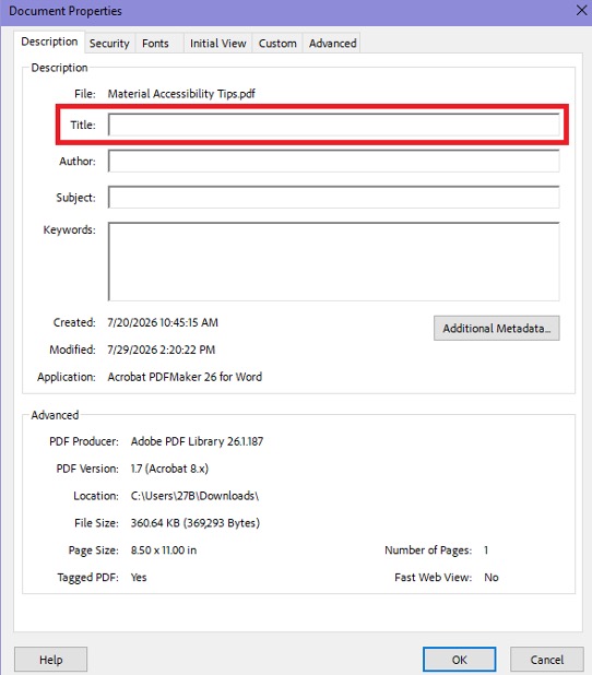 Screenshot of a document properties window for a PDF titled "Material Accessibility Tips.pdf" showing metadata fields