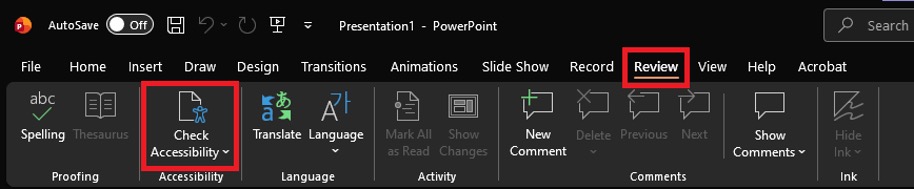PowerPoint interface focused on Review tab highlighting accessibility tools. Key elements include Check Accessibility button outlined in red and Review tab also outlined, emphasizing features for proofreading and comments management.