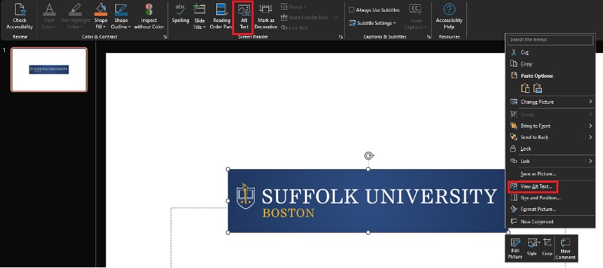 PowerPoint interface showing a selected text box with "SUFFOLK UNIVERSITY BOSTON" and a context menu open with options including "View Alt Text." The interface highlights accessibility tools, emphasizing steps to add or view alternative text for images or objects within a presentation.
