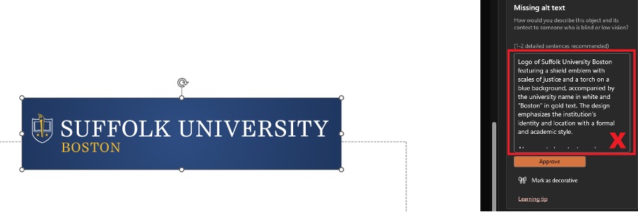The alt text example provided is "Logo of Suffolk University Boston featuring a shield emblem with scales of justice and a torch on a blue background, accompanied