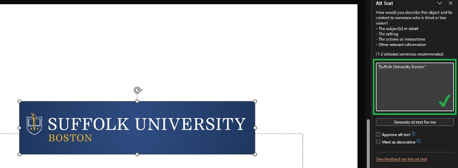 A logo banner featuring "Suffolk University Boston" with a blue background and white and gold text. The design includes a shield emblem on the left side, symbolizing the university's identity.