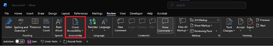 Microsoft Word interface focused on Review tab with Accessibility Checker highlighted in red.