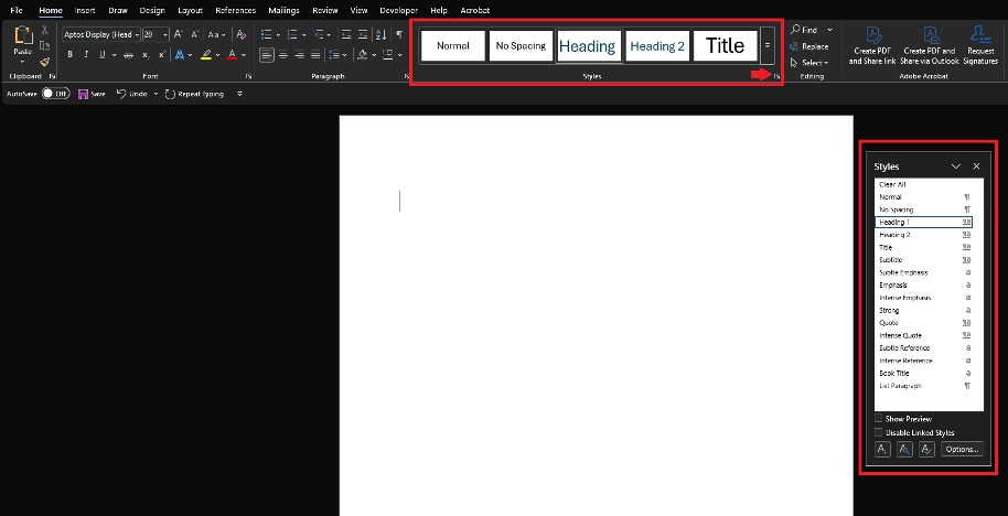 Microsoft Word interface showing the Styles toolbar and Styles pane.