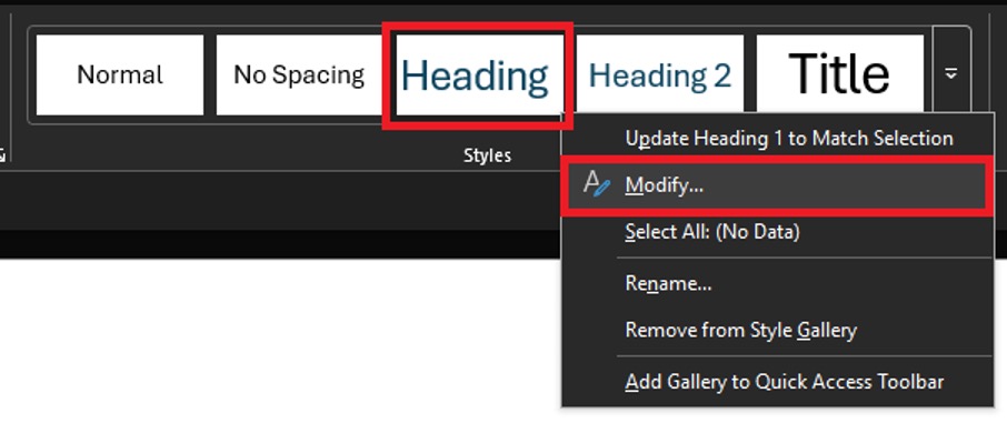 Styles menu with "Heading" selected and a right-click context menu open.