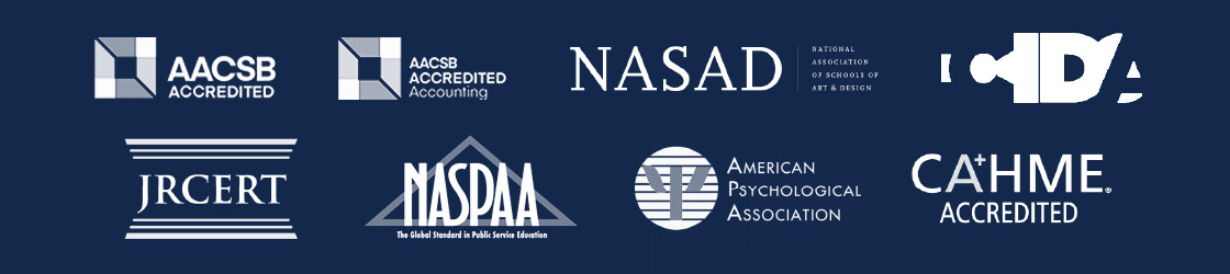 Logos for AACSB, AASCB Accredited Accounting, NASAD, JCERT, NASPAA, APA, and CAHME