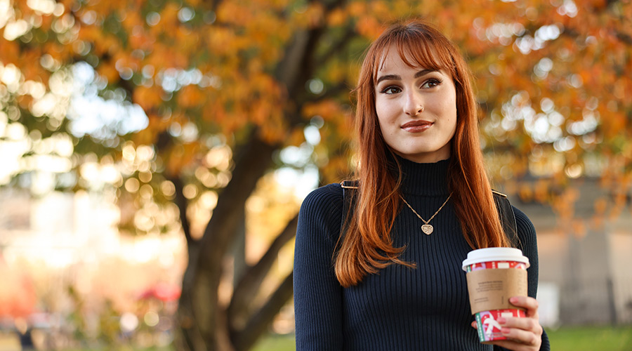 Suffolk student Emily poses for a photo in Boston Common.