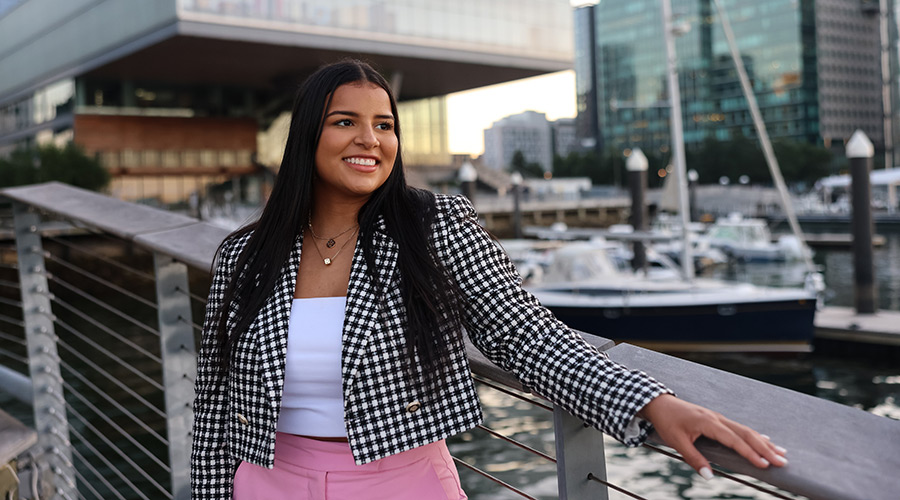 Suffolk student Caren poses for a photo outside the Institute for Contemporary Art.