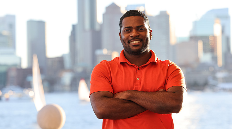 Suffolk student Jelani poses for a photo in East Boston.