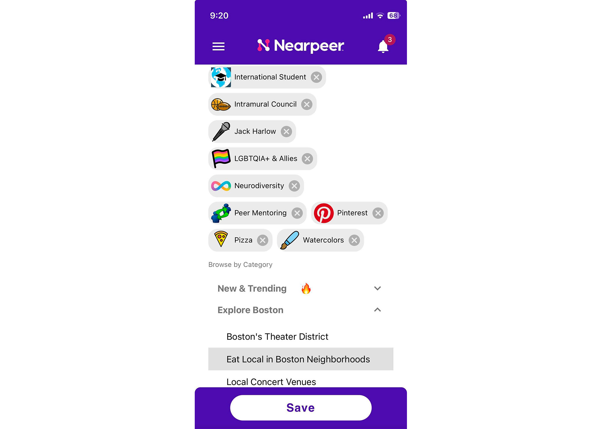 A Mock Screenshot of the Admitted Student App in Nearpeer