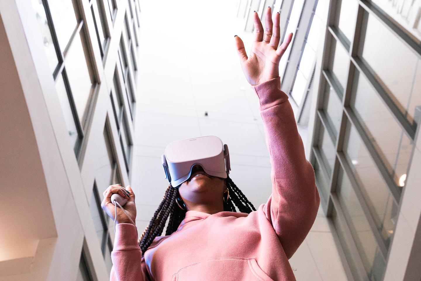 Student using virtual reality headset.