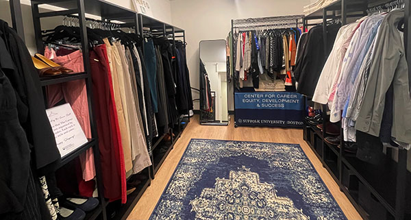 Interior of the Career Closet showing various clothes hanging on racks