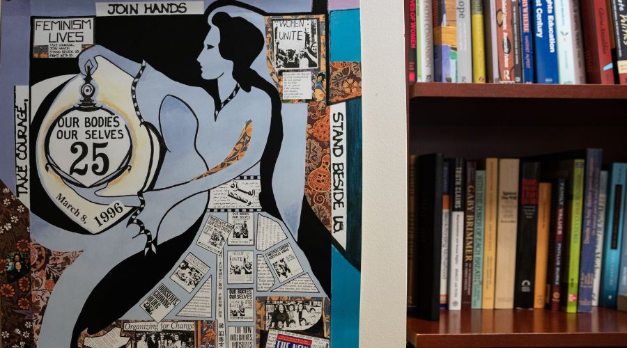 Mural next to bookshelf