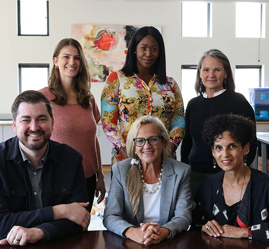 CRJ staff (front row, from left) Associate Director Carl Steidel, Founder Carolyn Boyes-Watson, Director Susan Maze-Rothstein; (back row, from left) Instructor Dana Thorsen, School Implementation Manager Ashley-Rose Salomon, Instructor Delinda Passas. Photographs by Michael J. Clarke.