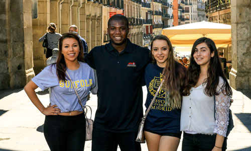 A group of Suffolk students pose for a picture while studying at Suffolk Madrid.