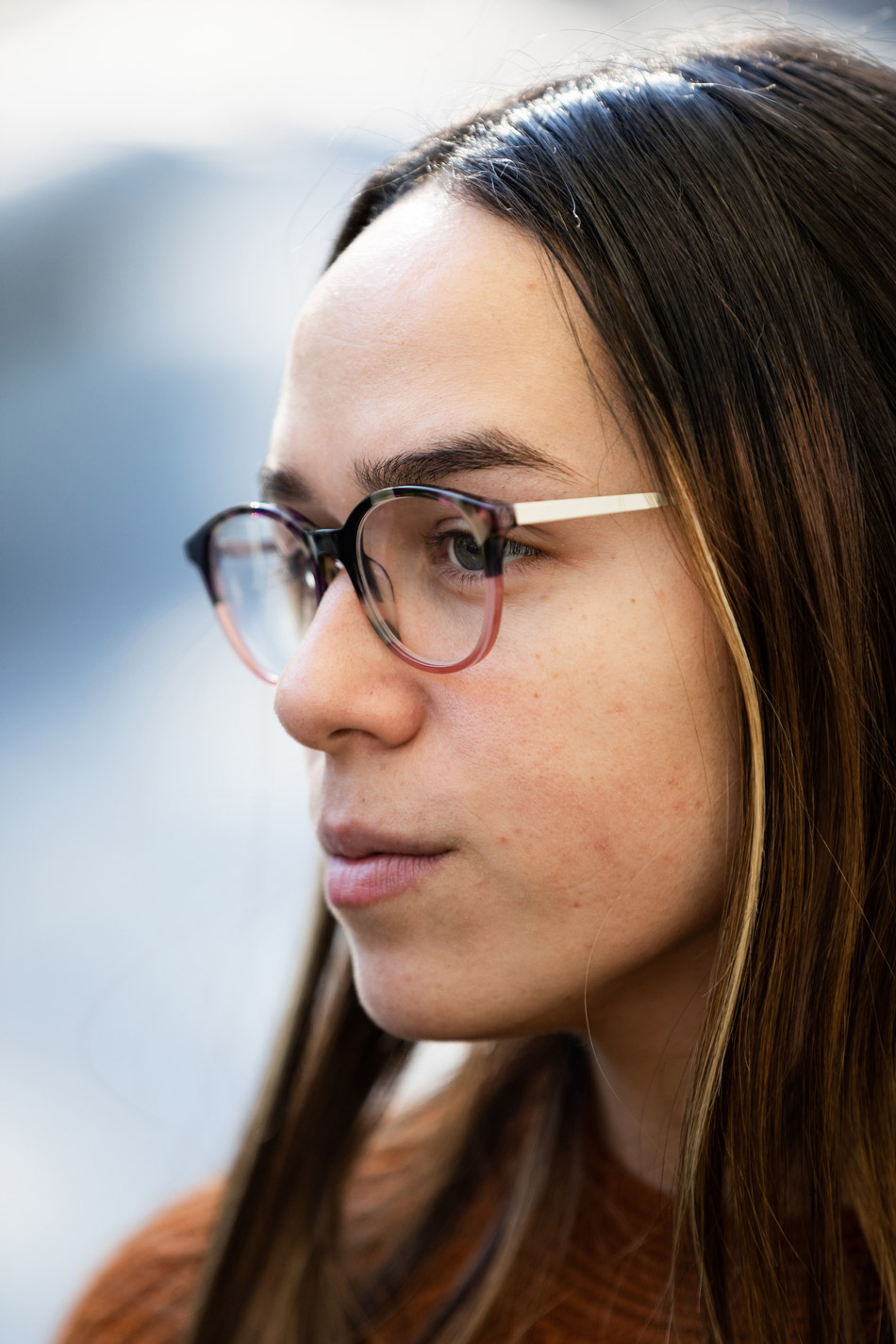 Suffolk student Gabriela Soto Cotto in thought during a conversation.