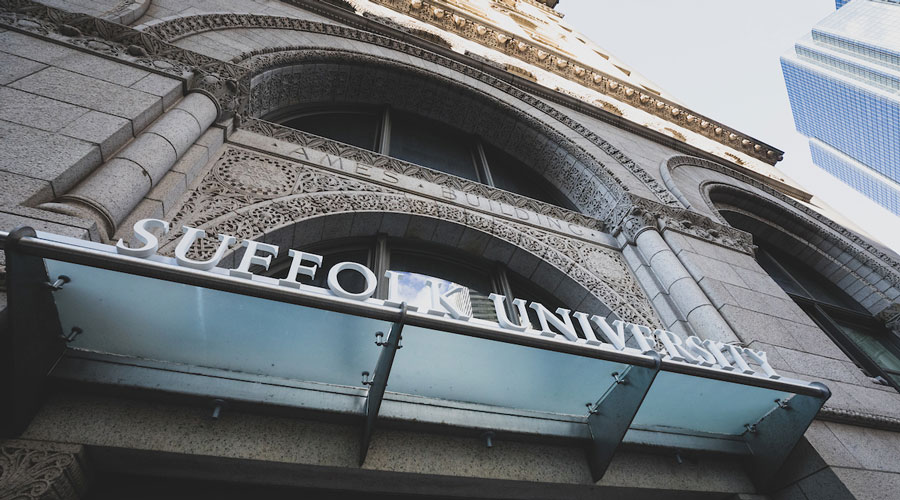 The awning of the Ames Building, now owned by Suffolk University and operated as a residence hall.