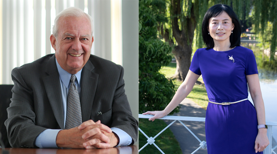 Portraits of outgoing Sawyer Business School Dean Bill O'Neill and incoming Dean Amy Zeng.
