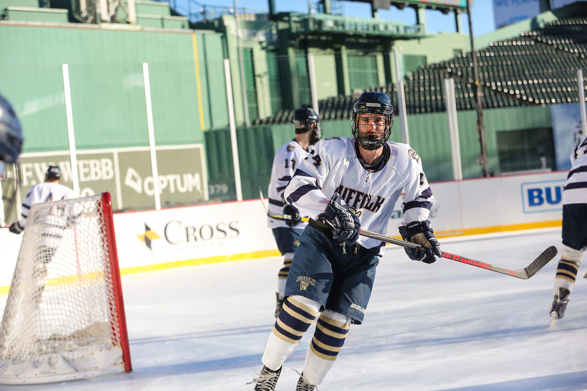 The Suffolk Men's Hockey team participates in a special exhibition game inside Fenway Park.