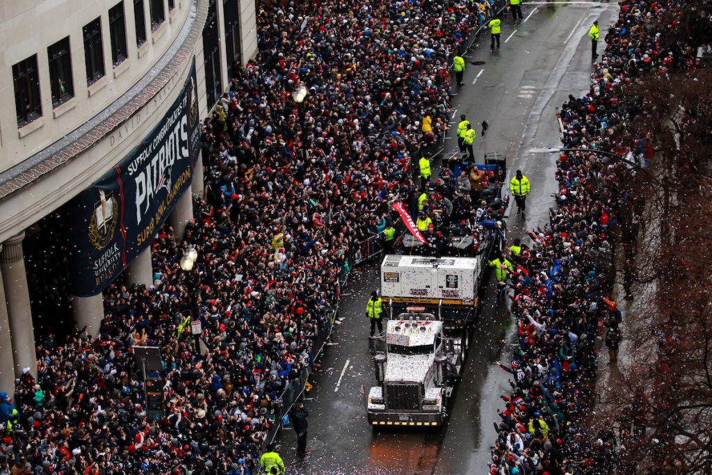 After winning their fifth Super Bowl, the New England Patriots rode through Suffolk's campus on Duck boats during their victory parade.