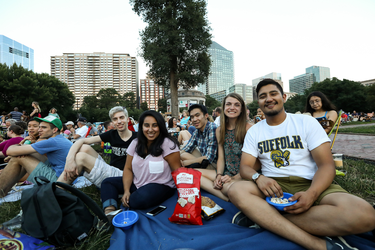 Suffolk students watching a Shakespeare on The Common performance in Boston