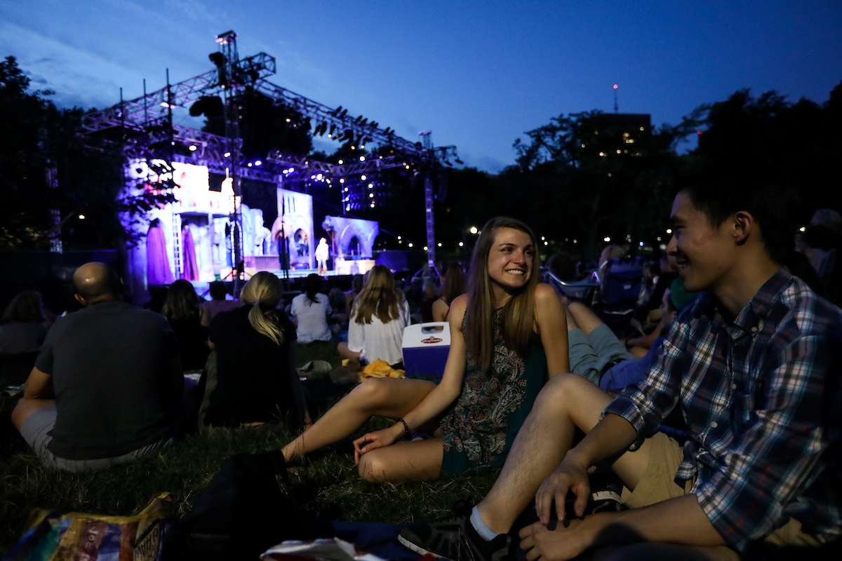 Suffolk students watching a Shakespeare on The Common performance in Boston