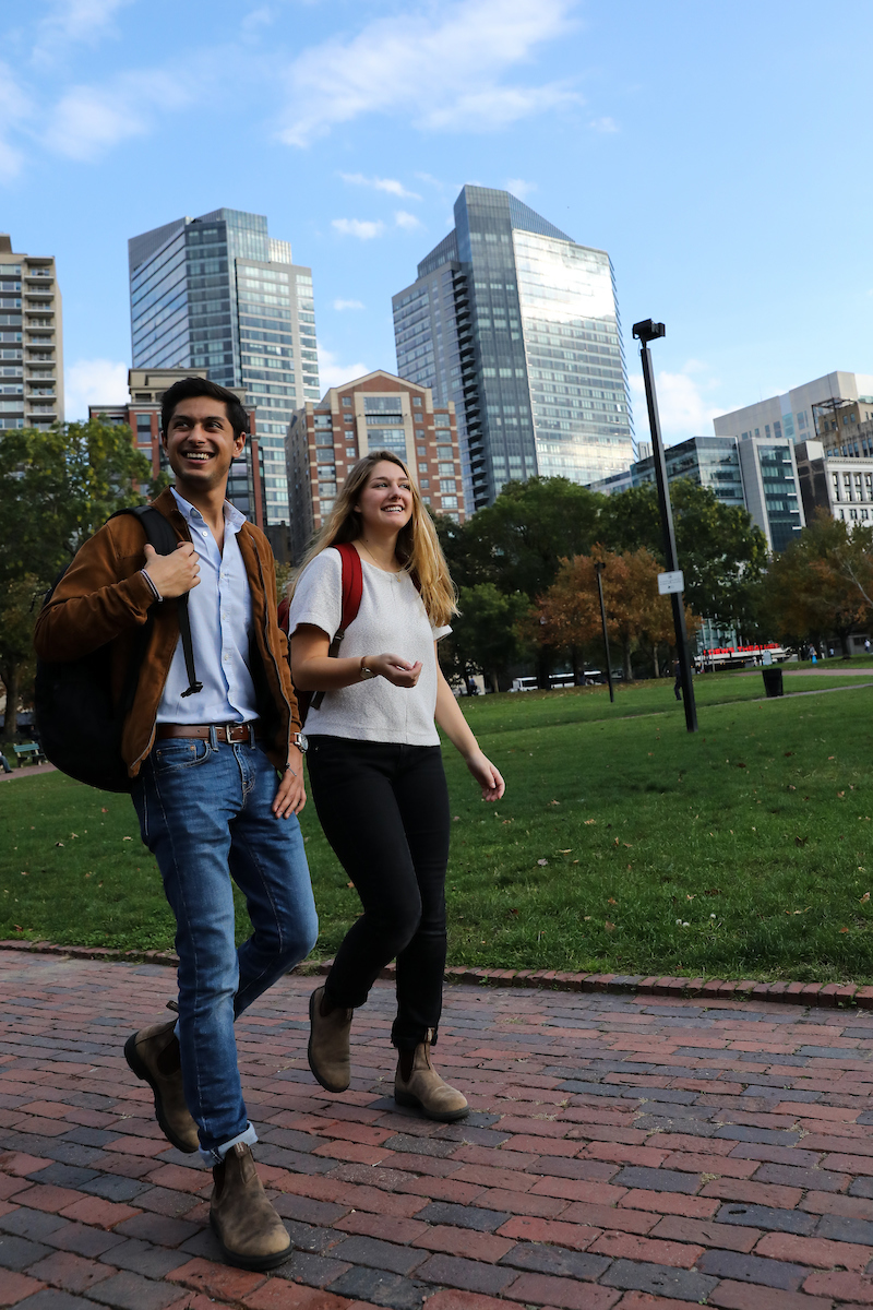 Suffolk student stroll through the Boston Common and Public Garden in the fall.