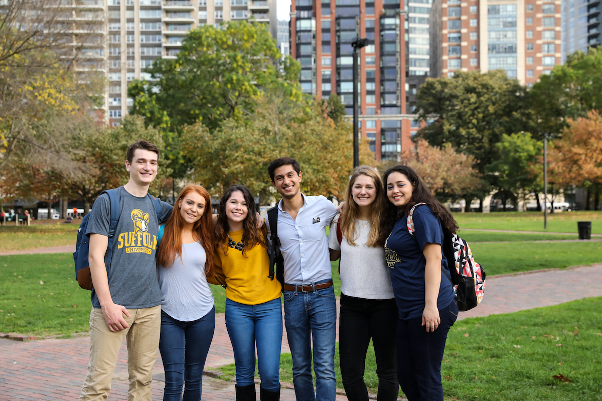 Suffolk student stroll through the Boston Common and Public Garden in the fall.
